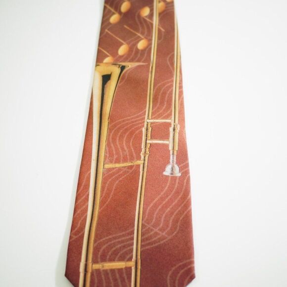 Ralph Marlin Trombone & Notes Brown Black Print Polyester Tie - Picture 2 of 8